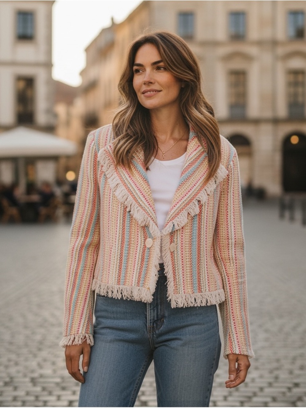 Something Navy Pastel Striped Cropped Fringe Tweed Blazer